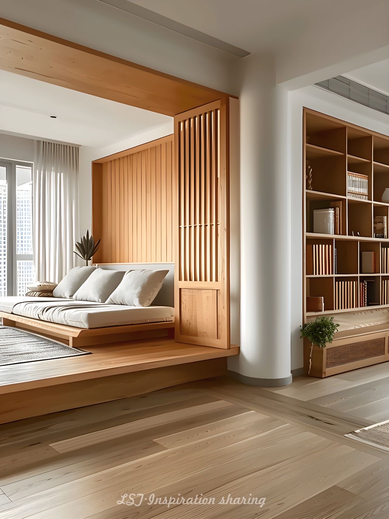 榻榻米+樟子門!6㎡陽臺原木風地臺茶室!#武漢裝修設計#